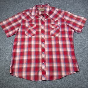 Wrangler Western Button Shirt Mens XXL Red Madras Plaid Pearl Snap Short Sleeve